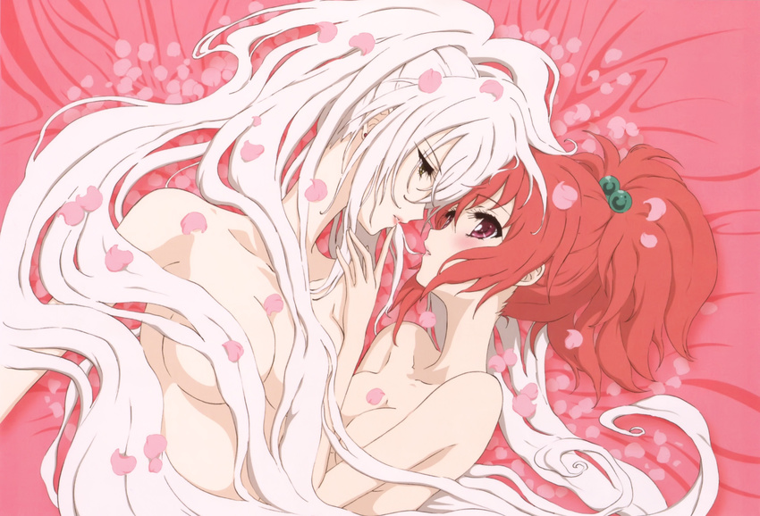 aoi_nagisa bed breasts couple finger_to_mouth hair_bobbles hair_ornament hanazono_shizuma highres long_hair lying medium_breasts multiple_girls nude official_art petals ponytail profile red_eyes red_hair sakai_kyuuta scan strawberry_panic! white_hair yuri