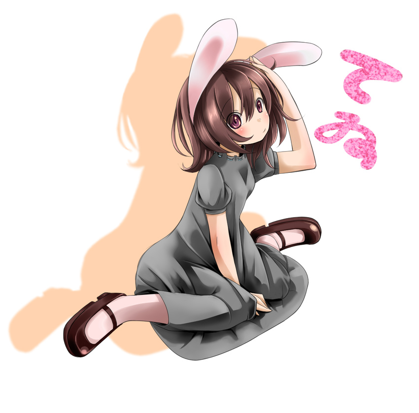 alternate_color alternate_costume animal_ears bad_id bad_pixiv_id between_legs blush brown_hair bunny_ears character_name dress drop_shadow full_body grey_dress hand_between_legs hand_in_hair highres i-la inaba_tewi leaning_forward long_hair mary_janes pantyhose red_eyes ribbon-trimmed_collar ribbon_trim shoes short_sleeves solo texture touhou transparent_background white_legwear