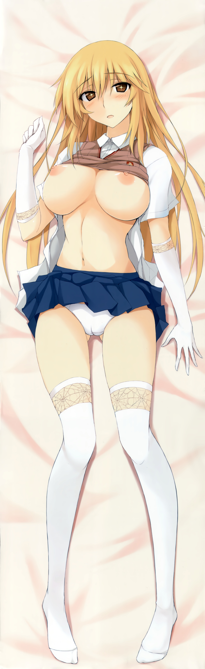 1girl absurdres bed bed_sheet blonde_hair blush breasts cameltoe dakimakura from_above full_body gloves highres large_breasts legs looking_at_viewer lying nipples no_bra on_back on_bed on_stomach panties parted_lips school_uniform shiny shiny_skin shirt_lift shokuhou_misaki skirt skirt_lift solo star star-shaped_pupils sweater_vest symbol-shaped_pupils thighhighs to_aru_kagaku_no_railgun to_aru_majutsu_no_index underwear white_gloves white_legwear white_panties yellow_eyes zekkyon
