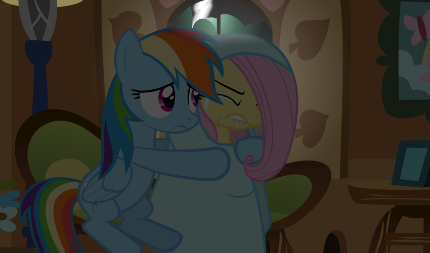 biting_lip blanket blue_fur crying cutie_mark duo equine eyes_closed female feral fluttershy_(mlp) friendship_is_magic fur hair horse inside lightning mammal multi-colored_hair my_little_pony pegasus pink_hair pony purple_eyes rainbow_dash_(mlp) rainbow_hair sofa teeth window wings yellow_fur zacatron94