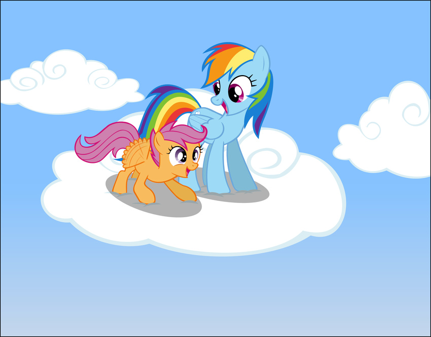 blue_fur cloud cub cute cutie_mark duo equine female feral friendship_is_magic fur hair horse horse_tail mammal multi-colored_hair my_little_pony open_mouth orange_fur pegasus pony purple_eyes purple_hair rainbow_dash_(mlp) rainbow_hair rainbow_tail scootaloo_(mlp) sky wings young zacatron94