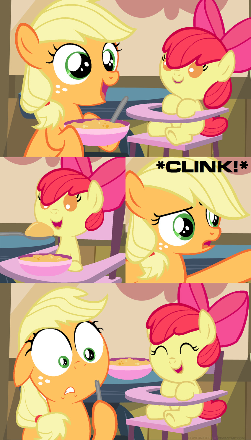 applejack_(mlp) baby beavernator blonde_hair bow cub duo equine female feral food freckles friendship_is_magic fur green_eyes hair high_chair horse mammal my_little_pony open_mouth orange_fur pony red_hair shocked smile spoon table young
