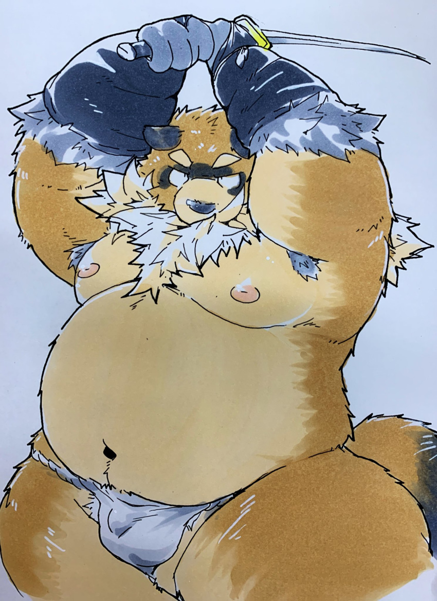 2019 anthro belly bulge canid canine clothing fundoshi humanoid_hands japanese_clothing male mammal melee_weapon moobs navel nipples overweight overweight_male raccoon_dog simple_background solo suishou0602 sword tanuki underwear weapon