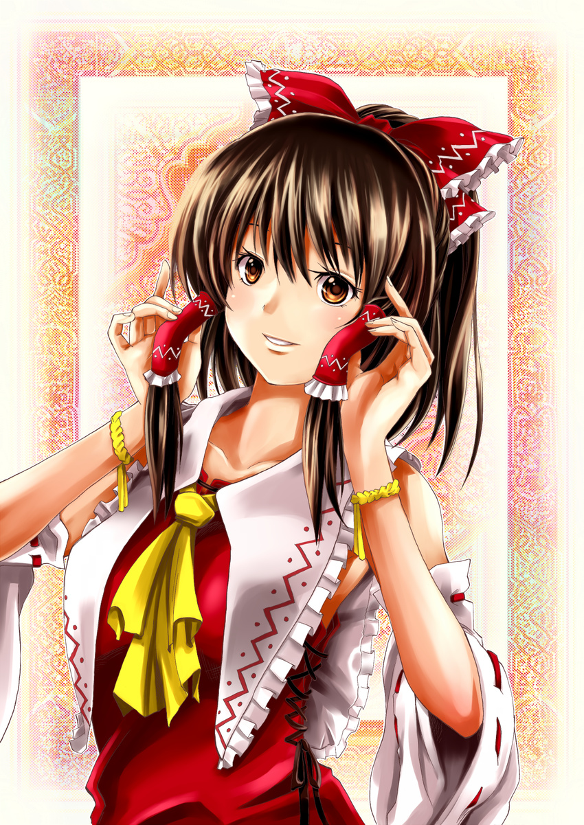 ascot bangs border bow bracelet brown_eyes brown_hair collarbone detached_sleeves fingernails frilled_bow frills hair_bow hair_tubes hakurei_reimu highres holding holding_hair i-la jewelry long_hair looking_at_viewer patterned_background ponytail ribbon-trimmed_sleeves ribbon_trim solo stitching touhou