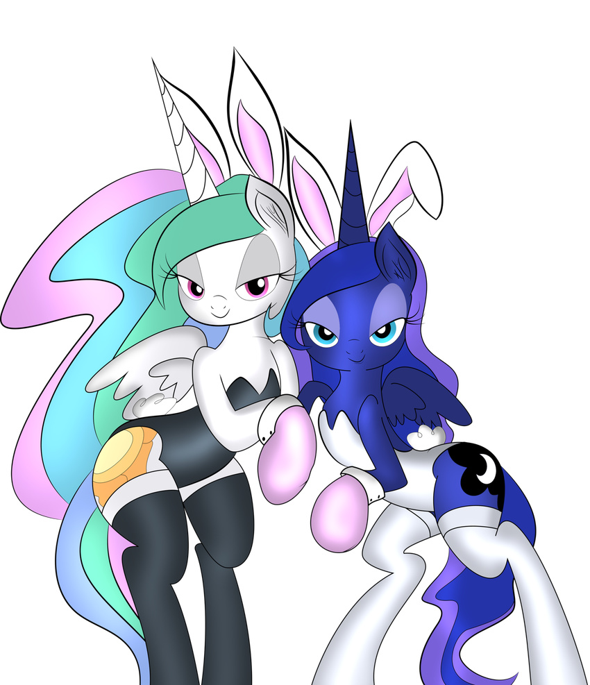 absurd_res animal_ears bedroom_eyes blue_eyes bunny_costume cutie_mark equine female feral friendship_is_magic gloves hi_res horn horse legwear looking_at_viewer mammal my_little_pony night pony princess_celestia_(mlp) princess_luna_(mlp) purple_eyes qcryzzy rabbit_ears sky snow snowing stockings winged_unicorn wings zev