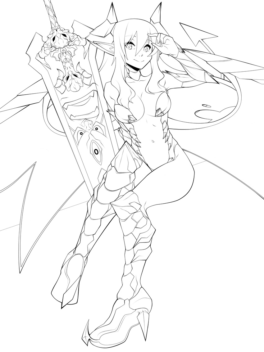 absurdres boots breasts center_opening choker cleavage demon_girl demon_horns detached_sleeves fearless_night greyscale hell_princess high_heel_boots high_heels highres horns knee_boots large_breasts lineart low_wings monochrome navel pigeon-toed pointy_ears revision smile spike_wible sword weapon wings