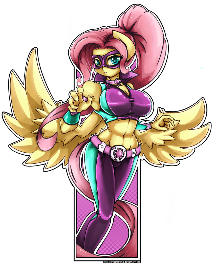 abs absurd_res alpha_channel anthro anthrofied belt blue_eyes bracelet breasts clothing equine europamaxima female fluttershy_(mlp) friendship_is_magic hair hi_res horse jewelry mammal mask muscles my_little_pony navel necklace pegasus pink_hair plain_background pony power_ponies_(mlp) saddle_rager_(mlp) saddle_ranger_(mlp) solo standing superhero superheroes transparent_background wings