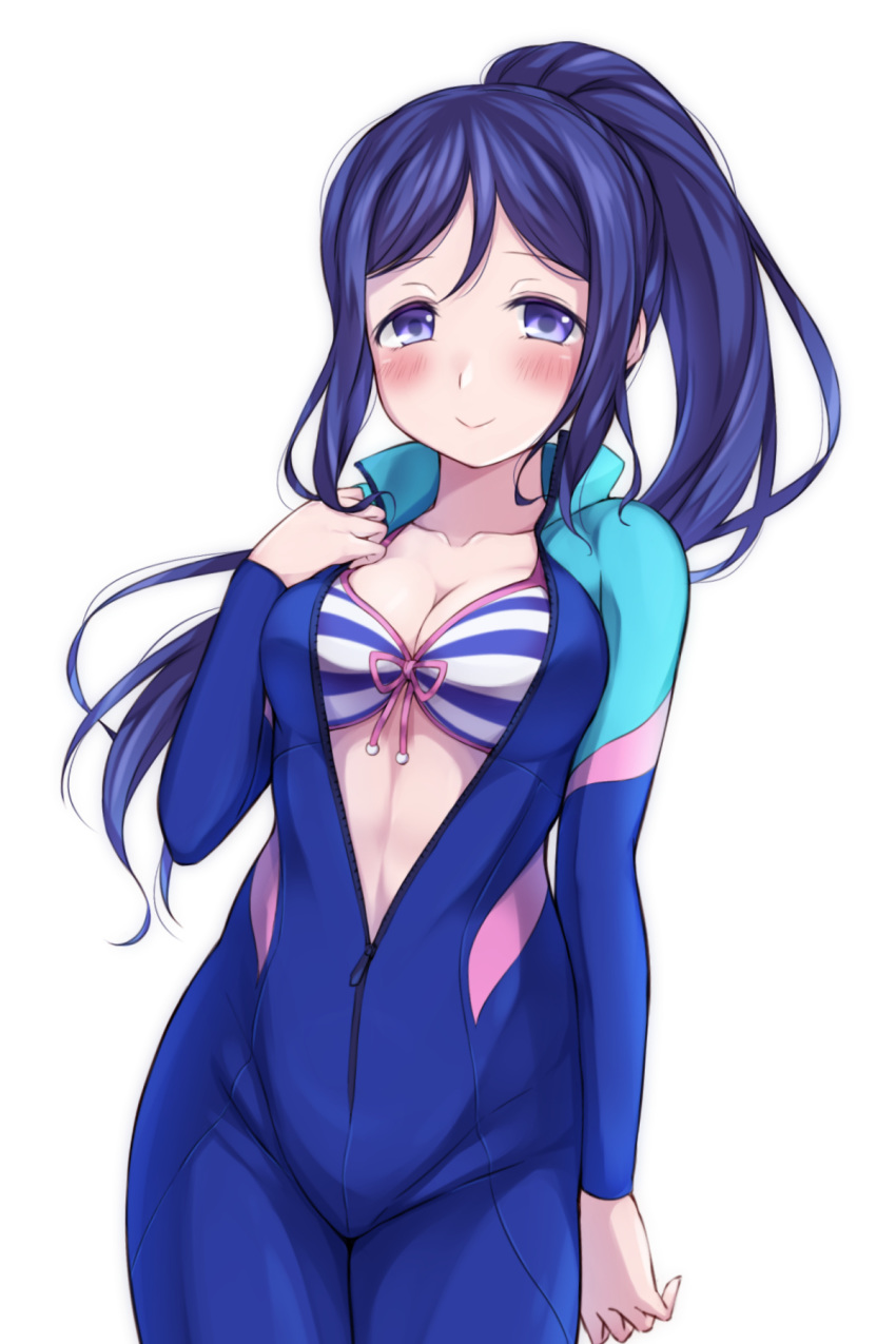 1girl :&gt; arm_at_side bangs bikini blue_bikini blue_bodysuit blue_hair blush bodysuit breasts cleavage closed_mouth collarbone commentary_request cowboy_shot floating_hair front-tie_bikini front-tie_top hand_up high_collar high_ponytail highres hitotsuki_no_yagi legs_together long_hair long_sleeves looking_at_viewer love_live! love_live!_sunshine!! matsuura_kanan medium_breasts parted_bangs partially_unzipped ponytail purple_eyes sidelocks simple_background smile solo standing striped striped_bikini swimsuit tareme wetsuit white_background white_bikini zipper zipper_pull_tab