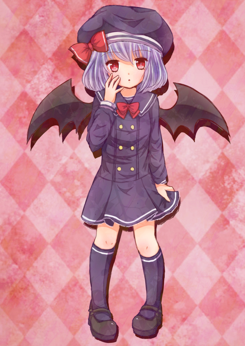 :o alternate_costume argyle argyle_background bad_id bad_pixiv_id bat_wings bebitera bow dress hand_on_own_face hat hat_ribbon highres kneehighs lavender_hair long_sleeves looking_at_viewer mary_janes pigeon-toed pink_background red_eyes remilia_scarlet ribbon sailor_dress shadow shoes short_hair skirt_hold solo touhou wings
