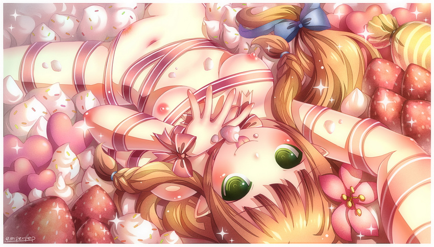 1girl blush breasts brown_hair cream emperpep female food fruit green_eyes long_hair looking_at_viewer lying naked_ribbon navel nipples nude on_back pointy_ears pubic_hair pussy ribbon smile solo strawberry tongue tongue_out uncensored