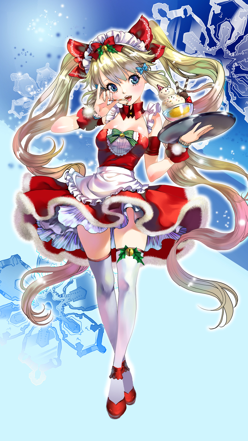 absurdres alternate_color alternate_eye_color alternate_hair_color blonde_hair blue_eyes breasts candy candy_cane chushengdao cleavage food highres ice_cream long_hair maid maid_headdress medium_breasts million_arthur_(series) pinky_out snowflake_background snowman solo thighhighs tray twintails very_long_hair white_legwear