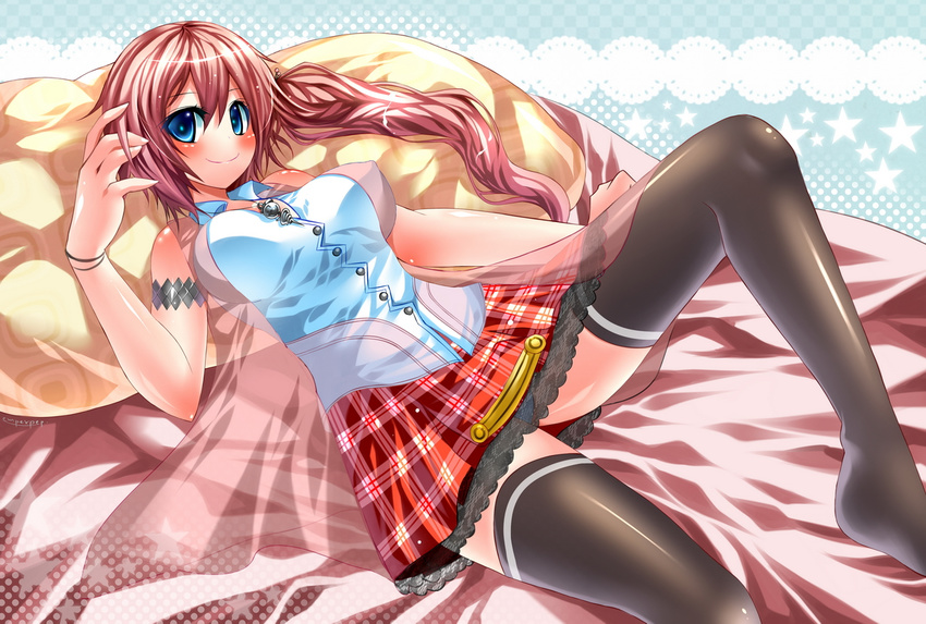 1girl bed blue_eyes blush brown_hair emperpep female final_fantasy final_fantasy_xiii long_hair looking_at_viewer lying on_back pillow serah_farron smile solo thighhighs