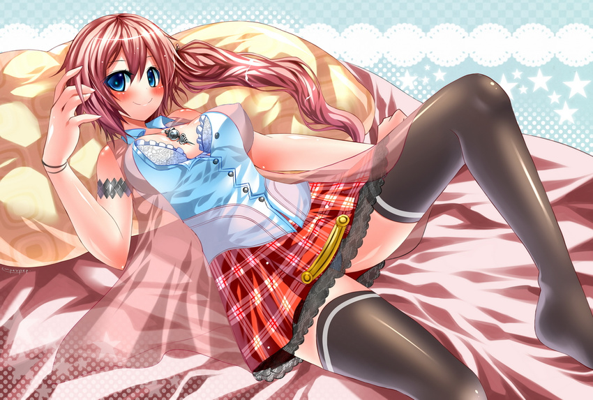 1girl bed blue_eyes blush bra brown_hair covered_nipples emperpep erect_nipples female final_fantasy final_fantasy_xiii long_hair looking_at_viewer lying on_back open_clothes open_shirt pillow serah_farron shirt smile solo thighhighs underwear