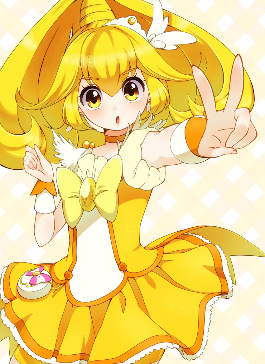 :o absurdres bike_shorts blonde_hair blush bow choker cure_peace earrings hair_flaps highres jewelry kise_yayoi long_hair magical_girl open_mouth ponytail precure shorts shorts_under_skirt skirt smile_precure! solo tiara v wrist_cuffs yellow yellow_bow yellow_eyes yellow_shorts yellow_skirt yupiteru