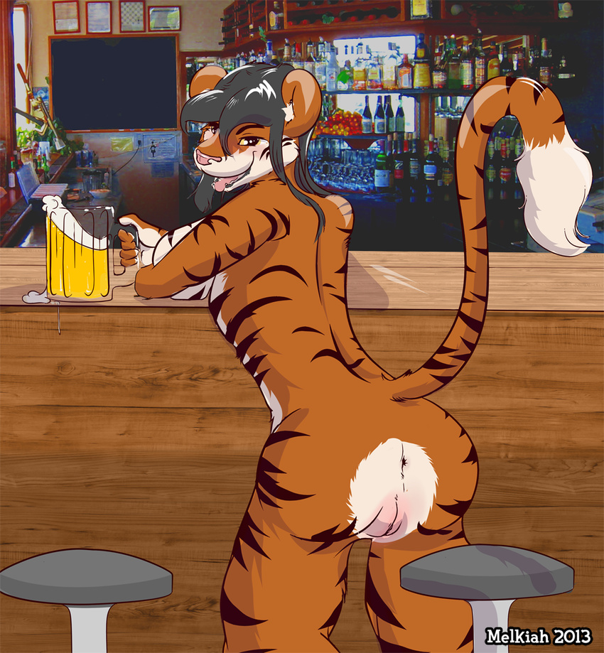 anus back bar barstool beer beverage breasts butt feline female inviting looking_at_viewer looking_back mammal melkiah nude open_mouth photo_background photographic_background plump_labia presenting presenting_hindquarters pussy pyra side_boob solo standing tiger tongue