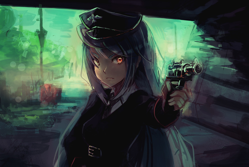 aiming bad_id bad_tumblr_id expressionless gun handgun hat heterochromia infinite_stratos laura_bodewig long_hair luger_p08 military military_uniform peaked_cap pistol red_eyes saimon_ma silver_hair solo under_bridge uniform weapon yellow_eyes