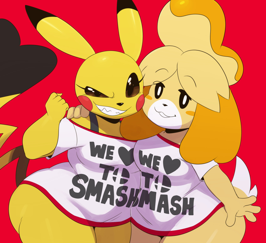 2018 animal_crossing anthro big_butt blonde_hair bottomless breasts butt canine clothed clothing dog duo female fur hair isabelle_(animal_crossing) looking_at_viewer mammal nintendo pikachu pikachu_libre pok&eacute;mon pok&eacute;mon_(species) shih_tzu shirt short_stack smile sssonic2 super_smash_bros super_smash_bros._ultimate teeth thick_thighs video_games wide_hips yellow_fur