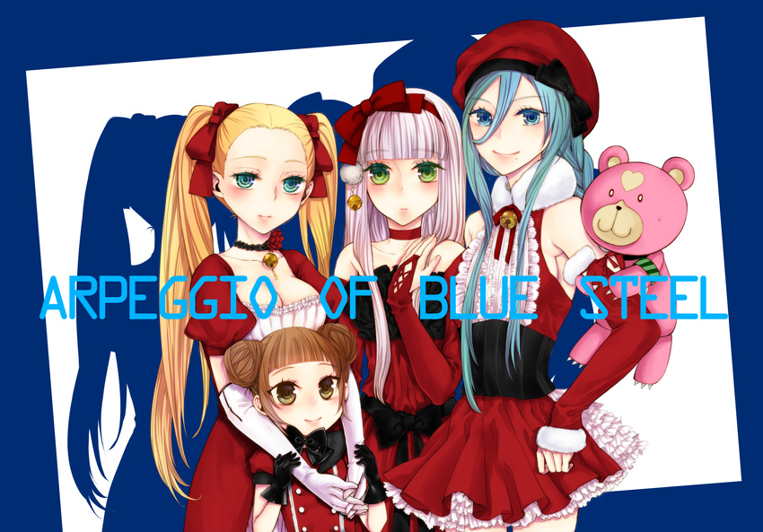 aoki_hagane_no_arpeggio blonde_hair blue_eyes blue_hair brown_eyes brown_hair christmas elbow_gloves gloves green_eyes hair_ribbon haruna_(aoki_hagane_no_arpeggio) headband highres iona kirishima_(aoki_hagane_no_arpeggio) long_hair masumiyasan mole mole_under_mouth multiple_girls osakabe_makie ribbon silver_hair skirt stuffed_toy takao_(aoki_hagane_no_arpeggio) twintails yotarou_(aoki_hagane_no_arpeggio)