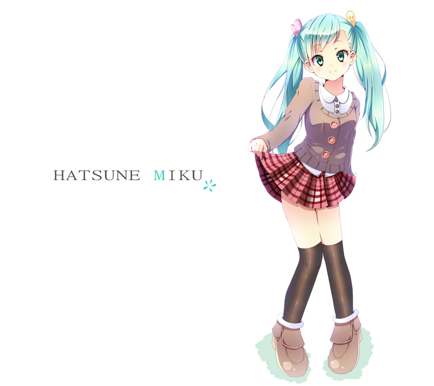 aqua_eyes aqua_hair bad_id bad_pixiv_id black_legwear cardigan character_name full_body hatsune_miku highres kneehighs loafers long_hair long_sleeves looking_at_viewer plaid plaid_skirt pleated_skirt school_uniform shoes skirt skirt_hold smile solo take_(office-t) thighhighs twintails vocaloid white_background zettai_ryouiki