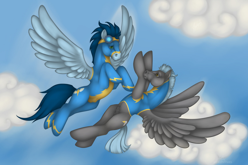 amber_eyes blue_fur blue_hair bottomless bugle clothing duo equine eyewear feral flying friendship_is_magic fur goggles green_eyes grey_fur grey_hair hair horse male mammal my_little_pony penis pony soarin_(mlp) thunderlane_(mlp) tight_clothing wiredhooves wonderbolts_(mlp)