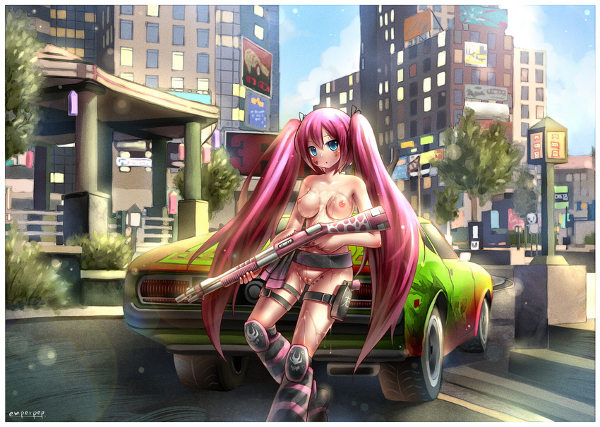 1girl alternate_hair_color blue_eyes blush breasts car emperpep female gun hatsune_miku long_hair looking_at_viewer motor_vehicle nipples outdoors pink_hair public pussy solo twintails uncensored vehicle vocaloid weapon wet