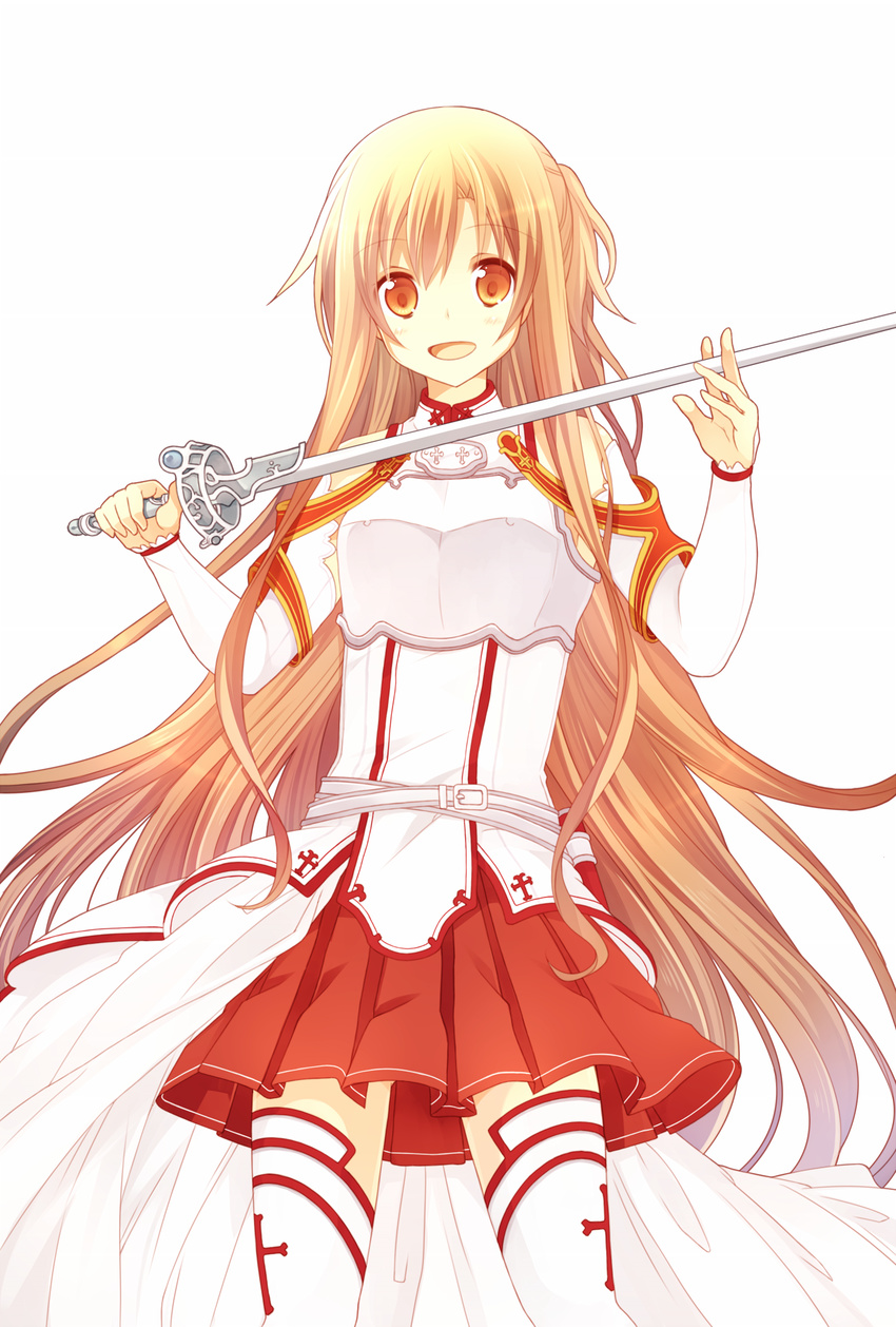 asuna_(sao) blush breastplate brown_hair detached_sleeves hanahubuki1991 highres long_hair looking_at_viewer open_mouth orange_eyes simple_background skirt solo sword sword_art_online thighhighs weapon white_background