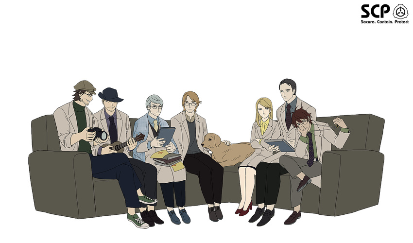 6+boys agatha_e_rights alto_clef assa black_hair blonde_hair brown_hair camera commentary_request copyright_name couch crossed_legs dog gears_(scp) glasses hat high_heels highres iceberg_(scp) instrument jack_bright jewelry kain_pathos_crow kondraki labcoat logo long_hair looking_at_another multiple_boys necklace necktie parted_lips scp-963 scp_foundation simple_background sitting smile ukulele vest white_background white_hair