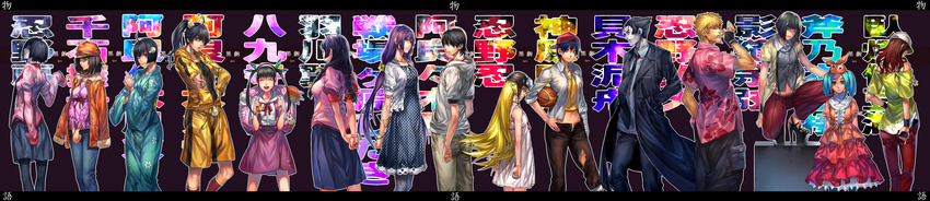 araragi_karen araragi_koyomi araragi_tsukihi bakemonogatari bare_shoulders basketball black_legwear dress gaen_izuko hachikuji_mayoi hanekawa_tsubasa hat helmet highres irohara_mitabi kagenui_yozuru kaiki_deishuu kanbaru_suruga long_image monogatari_(series) multiple_boys multiple_girls off_shoulder ononoki_yotsugi oshino_meme oshino_ougi oshino_shinobu pantyhose school_uniform sengoku_nadeko senjougahara_hitagi smile wide_image