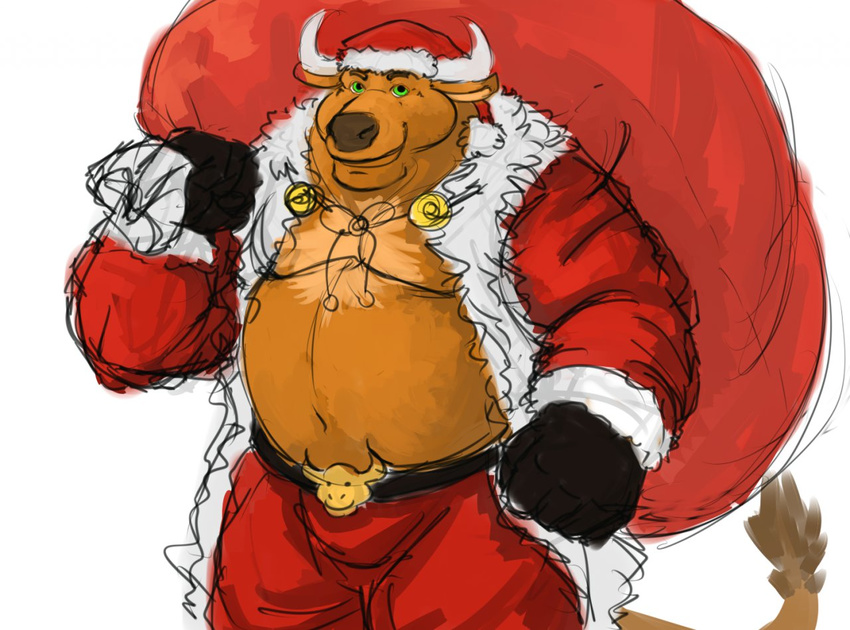 bulge cattle christmas clothing galvinwolf holidays male mammal open_shirt overweight santa_claus shirt