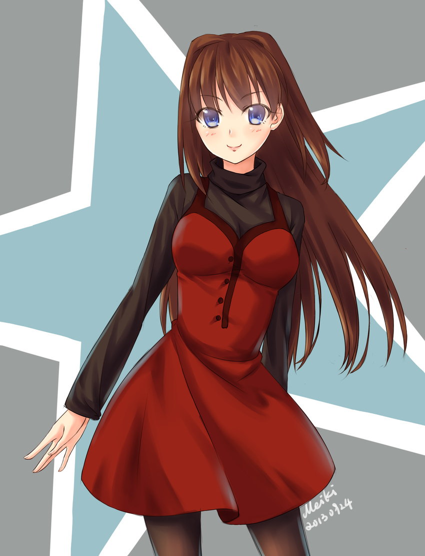 aozaki_aoko artist_name bad_id bad_pixiv_id blue_eyes blush breasts brown_hair dated hair_intakes highres long_hair mahou_tsukai_no_yoru medium_breasts meiki pantyhose red_skirt skirt smile sweater turtleneck