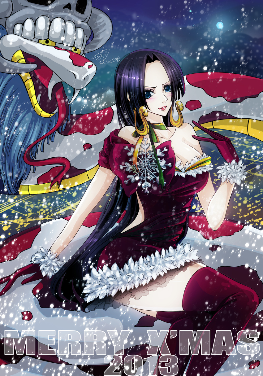 1girl 2013 absurdres alternate_costume black_hair blue_eyes boa_hancock breasts christmas cleavage dress earrings fur_trim gloves highres jewelry large_breasts long_hair looking_at_viewer one_piece red_legwear salome_(one_piece) sasori_(pixiv920534) short_dress sitting snake snow snowing solo thighhighs thighs tongue