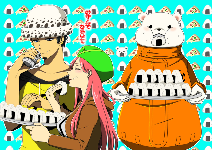 1boy 1girl absurdres bear bepo black_hair blue_eyes eating eyes_closed facial_hair food happy hat highres jewelry_bonney lipstick long_hair makeup one_piece pink_hair red_lipstick sabaody_archipelago trafalgar_law