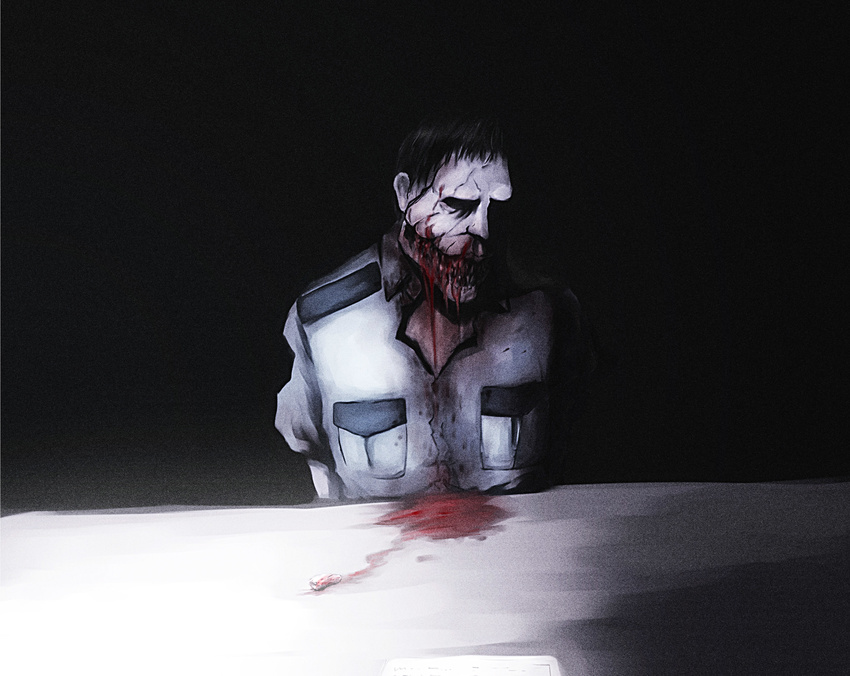 absurdres black_background blood commentary_request death guro highres imawabi_no_dakini onibi_(foxhound4185) pocket simple_background table undead uniform upper_body zombie