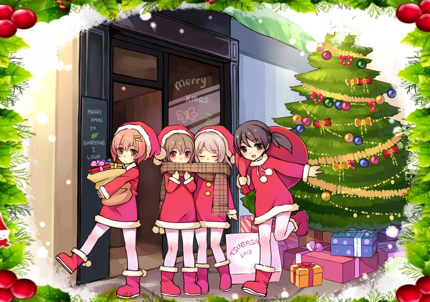 absurdres bad_id bad_pixiv_id boots brown_eyes brown_hair christmas christmas_tree dress full_body gift hair_ornament hairclip hat highres merry_christmas multiple_girls orange_hair original pantyhose plaid plaid_scarf santa_costume santa_hat scarf shared_scarf tree tsubasa_tsubasa white_legwear