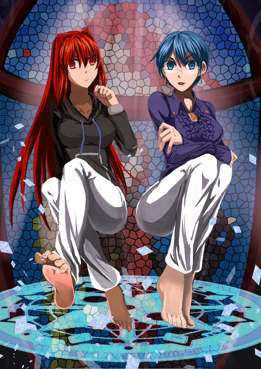 absurdres alternate_hair_color aozaki_aoko aozaki_touko bad_id bad_pixiv_id barefoot blue_eyes blue_hair breasts crossed_arms earrings fate/extra fate_(series) feet glasses highres hood hoodie jewelry large_breasts lipstick mahou_tsukai_no_yoru makeup meiki mosaic_background multiple_girls pov_feet red_eyes red_hair rimless_eyewear soles stained_glass toes