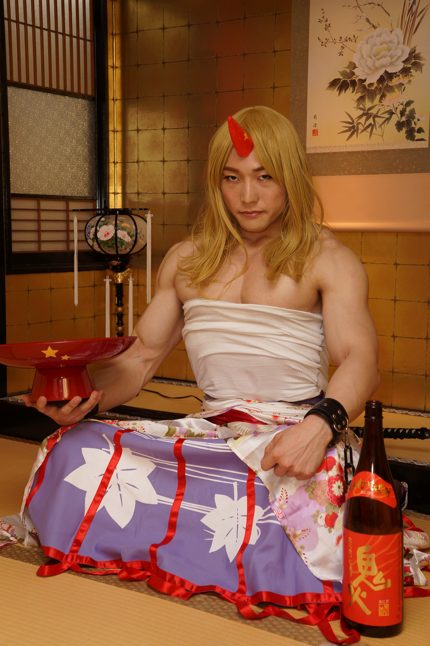 absurdres alcohol black_eyes blonde_hair bottle chrysanthemum cosplay cuffs cup flower hanging_scroll heavenly_bamboo highres horn hoshiguma_yuugi hoshiguma_yuugi_(cosplay) indian_style katana lantern long_hair male_focus manly muscle paper_lantern pectorals peony_(flower) photo plum_blossoms sakazuki sake sake_bottle scabbard scroll shackles sheath shigeru_(shigel_marv) sitting solo sword tatami touhou weapon