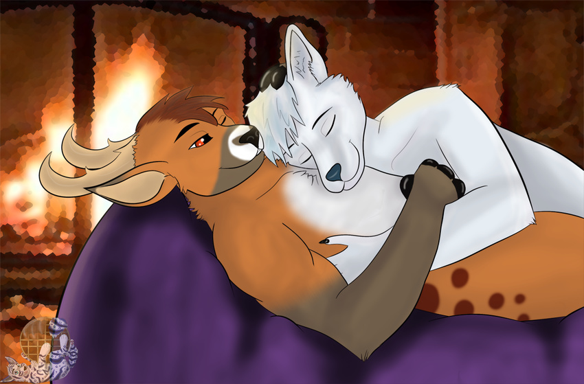 blue_nose brown_hair canine cervine couple cuddling deer dragon eyes_closed fireplace fur futon hair horn hybrid interspecies lying male mammal orange_fur peeking predator/prey_relations red_eyes waffles_(artist) white_fur white_hair wolf