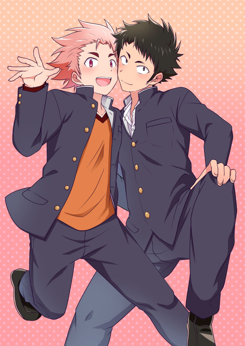 2boys :d black_hair blush cheek-to-cheek collarbone dress_shirt gakuran hand_on_own_knee hand_up highres knee_up looking_at_viewer male_focus multiple_boys nishikimaru open_clothes open_mouth original pink_eyes pink_hair polka_dot polka_dot_background school_uniform shirt shoes sideburns smile spiked_hair spread_legs unbuttoned waving yaoi