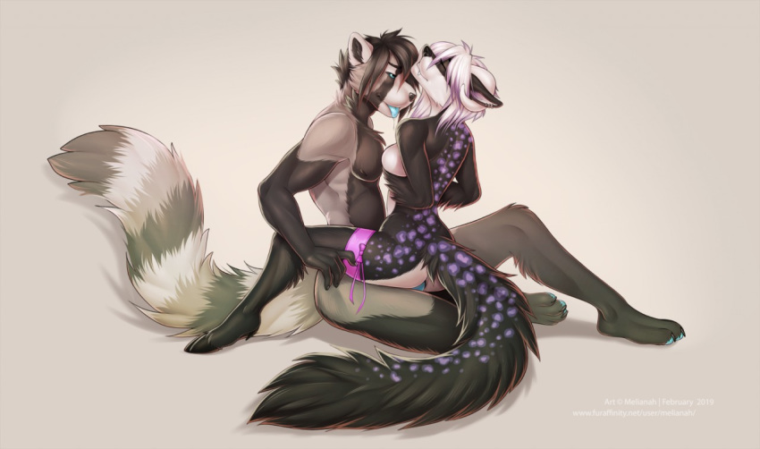 2019 anthro blue_eyes blue_penis blue_tongue breasts canid canine canis digital_media_(artwork) domestic_dog duo female hooves hybrid male male/female mammal melianah nude penis procyonid raccoon sex simple_background sitting smile