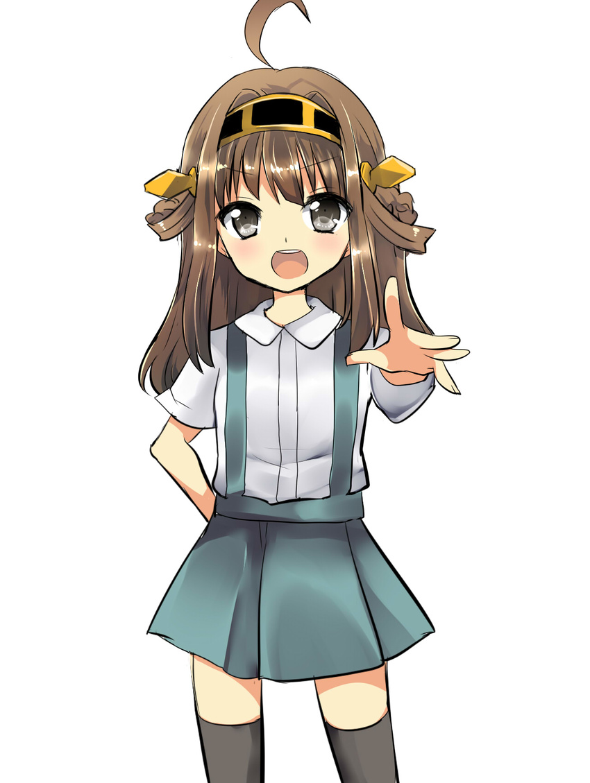 :d ahoge alternate_costume asashio_(kantai_collection) asashio_(kantai_collection)_(cosplay) brown_hair cosplay double_bun hairband highres kantai_collection kongou_(kantai_collection) long_hair looking_at_viewer ochazuke open_mouth outstretched_arm outstretched_hand pleated_skirt school_uniform simple_background skirt smile solo suspenders thighhighs v-shaped_eyebrows white_background younger zettai_ryouiki