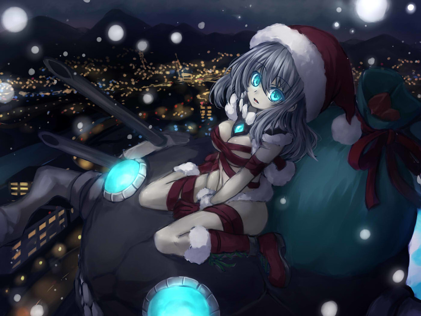 bad_id bad_pixiv_id blue_eyes boots breasts cleavage gloves glowing glowing_eyes hat kantai_collection looking_at_viewer medium_breasts naked_ribbon oukawa_yuu pale_skin ribbon sack santa_hat shinkaisei-kan silver_hair solo wo-class_aircraft_carrier