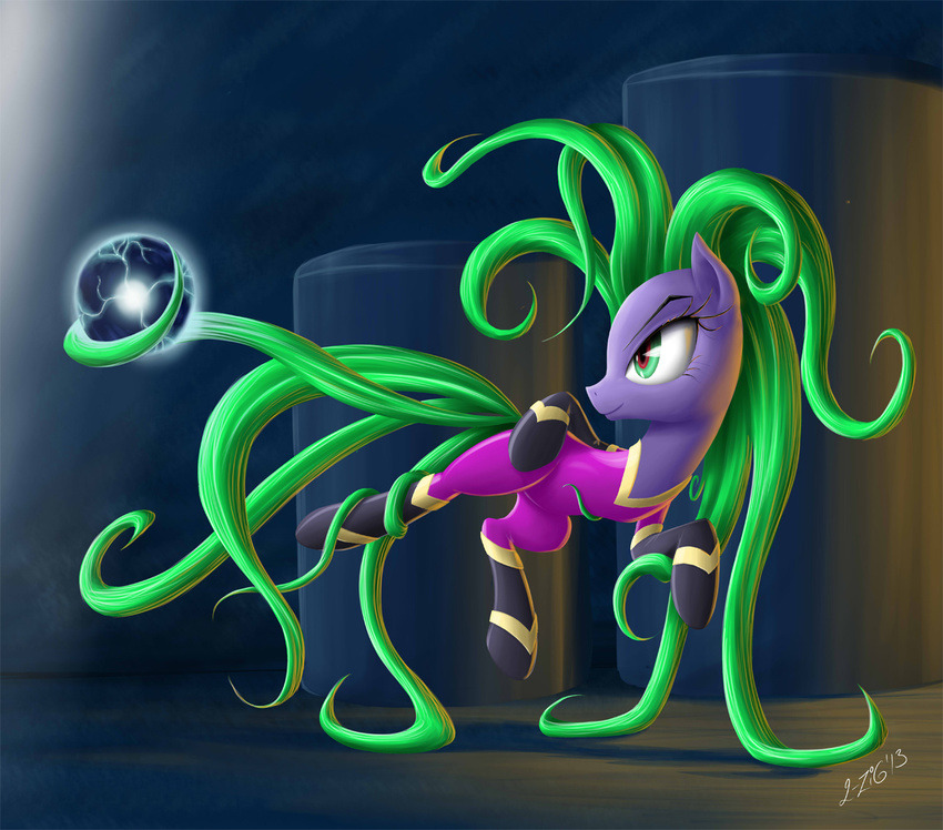 clothed clothing costume electro_orb equine female friendship_is_magic fur green_eyes green_hair hair horse mammal mane-iac_(mlp) my_little_pony pony power_ponies_(mlp) purple_fur solo zigword