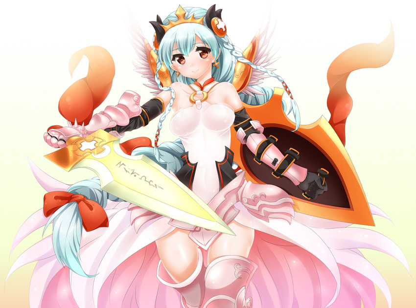 aqua_hair armor bare_shoulders bow braid breasts brown_eyes covered_nipples earrings elbow_gloves gauntlets gloves hair_bow hair_ornament jewelry light_valkyrie_(p&amp;d) long_hair medium_breasts o-ring o-ring_top ponytail puzzle_&amp;_dragons s-ram shield skirt solo sword thighhighs tri_braids valkyrie_(p&amp;d) very_long_hair weapon wings zettai_ryouiki