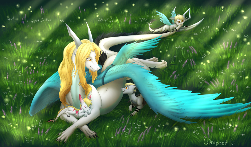 2018 amber_eyes blonde_hair blue_feathers daughter digital_media_(artwork) dragon feathered_dragon feathered_wings feathers female grass group hair male mother parent smile son wings wrappedvi young