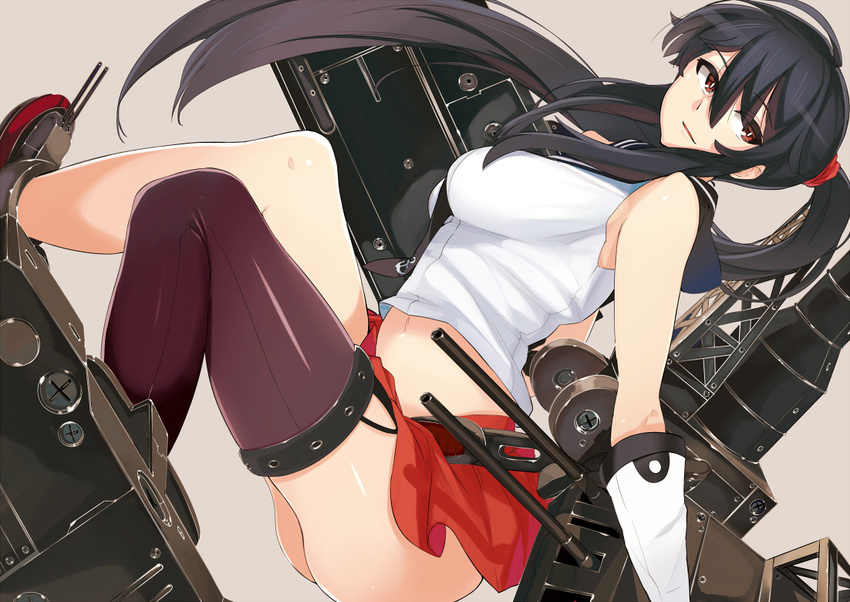 black_hair blush breasts brown_eyes gloves kantai_collection large_breasts long_hair looking_at_viewer midriff miniskirt navel ponytail red_eyes red_skirt single_thighhigh skirt solo thighhighs wakamesan white_gloves yahagi_(kantai_collection)