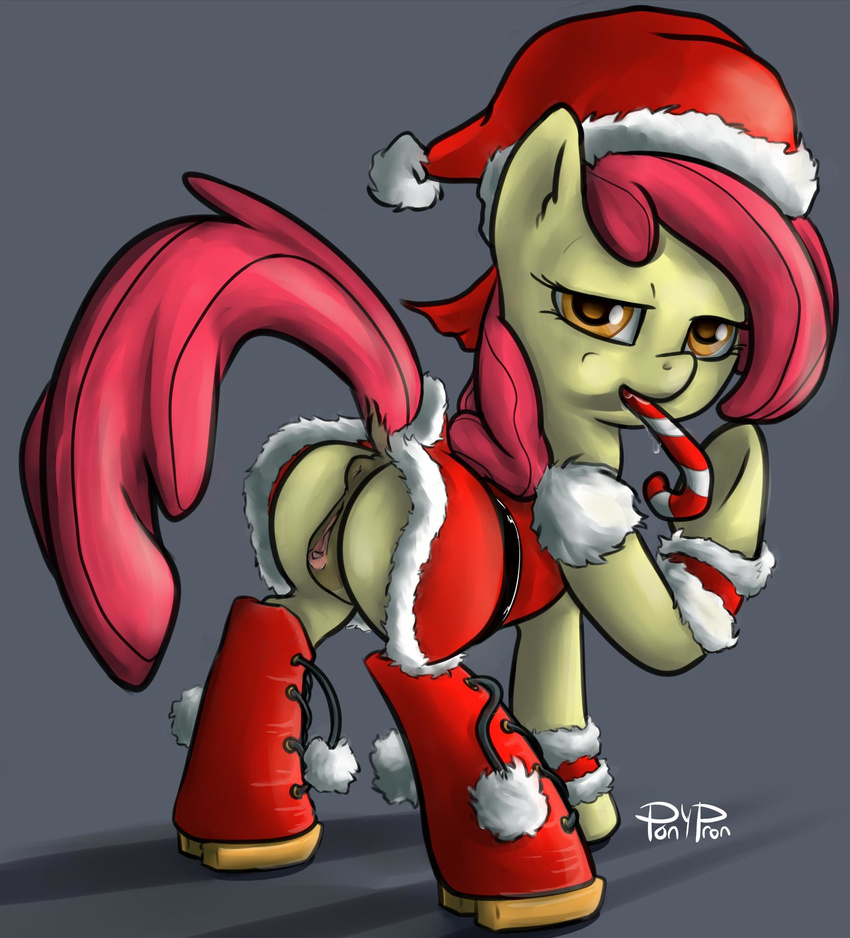 amber_eyes anus apple_bloom_(mlp) butt candy_cane christmas christmas_hat cub equine female feral friendship_is_magic grey_background hair half-closed_eyes hat holidays horse looking_at_viewer mammal my_little_pony plain_background pony ponypron pussy red_hair saliva santa_hat solo standing young