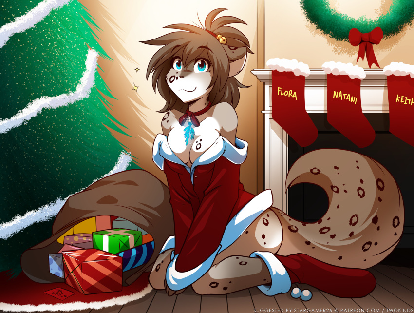 &lt;3 2018 anthro bare_shoulders bell blue_eyes bottomless breasts brown_fur canine card choker christmas christmas_tree cleavage clothed clothing digitigrade english_text feline female fireplace fur gift glowing grey_fur hi_res holidays hybrid inside kathrin_(twokinds) keidran kneeling legwear looking_at_viewer magic mammal mistletoe multicolored_fur plant sack skimpy smile socks solo sparkle spots spotted_fur stockings text tom_fischbach tree twokinds webcomic white_fur wreath