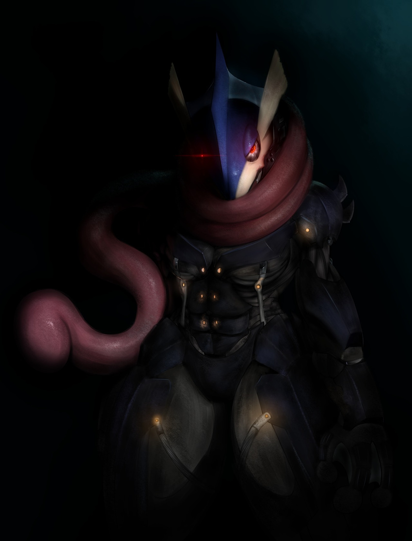 amphibian angry anthro cyborg dark_background frog glowing glowing_eyes greninja konami long_tongue looking_at_viewer luminescent mechanical metal_gear metal_gear_solid muscles nintendo parody plain_background pok&#233;mon pok&eacute;mon pose red_eyes shadow solo standing tongue tongue_out unknown_artist video_games