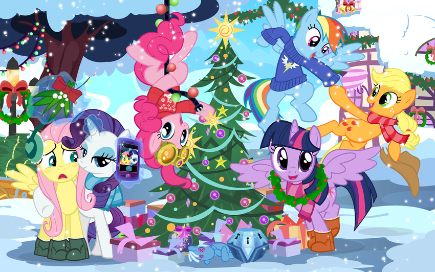 applejack_(mlp) bell blonde_hair blue_eyes blush box bulb cable cellphone christmas christmas_tree cloud cowboy_hat ear_warmers equine eyeshadow eyewear female fluttershy_(mlp) flying freckles friendship_is_magic gift goggles green_eyes group hair hat holidays horn horse house light_bulb makeup mammal mistletoe multi-colored_hair my_little_pony outside pegasus phone pink_hair pinkie_pie_(mlp) pixelkitties plug pony ponyville presents purple_eyes purple_hair rainbow_dash_(mlp) rarity_(mlp) scarf selfie sky smartypants_(mlp) snow snow_globe snowing star sweater tree twilight_saprkle_(mlp) twilight_sparkle_(mlp) unicorn winged_unicorn wings