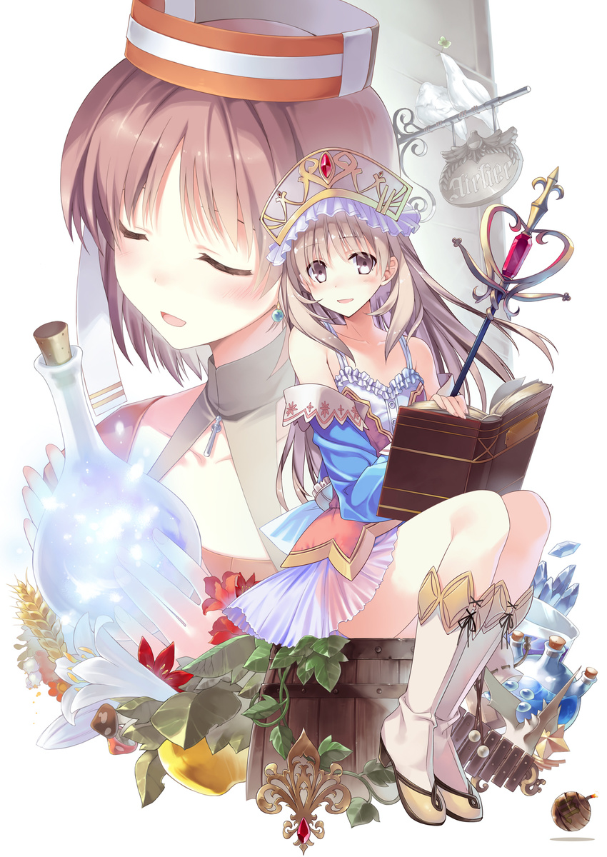 atelier_(series) atelier_elie atelier_totori barrel bird blue_sleeves blush bomb book boots brown_eyes brown_hair closed_eyes clover crystal detached_sleeves earrings elfir_traum english flask flower four-leaf_clover full_body glowing hat highres instrument jewelry knee_boots long_hair looking_at_viewer mallet_(instrument) multiple_girls mushroom ooba_kagerou open_book open_mouth orange_hat plant potion short_hair sign sitting skirt smile staff totooria_helmold very_short_hair wand xylophone